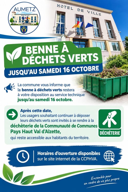 La commune vous informe que la benne à déchets verts restera à votre disposition au service technique jusqu'au samedi 16 octobre  Après cette date, Les usagers souhaitant continuer à déposer leurs déchets verts sont invités à se rendre à la déchèterie de la Communauté de Communes Pays Haut Val d'Alzette, qui reste accessible aux habitants du territoire. Horaires d'ouverture disponibles sur le site internet de la CCPHVA.