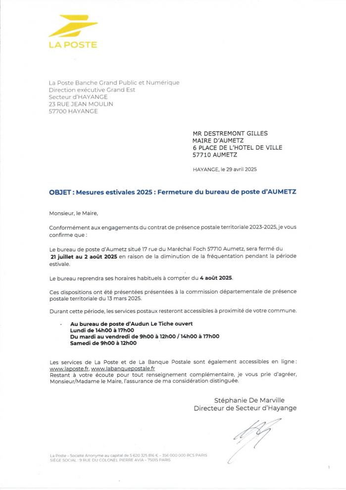 Mesures estivales 2025 poste aumetz
