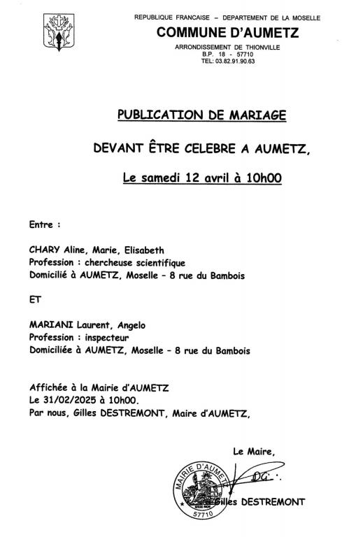 Publication bans mariage mariani laurent chary aline